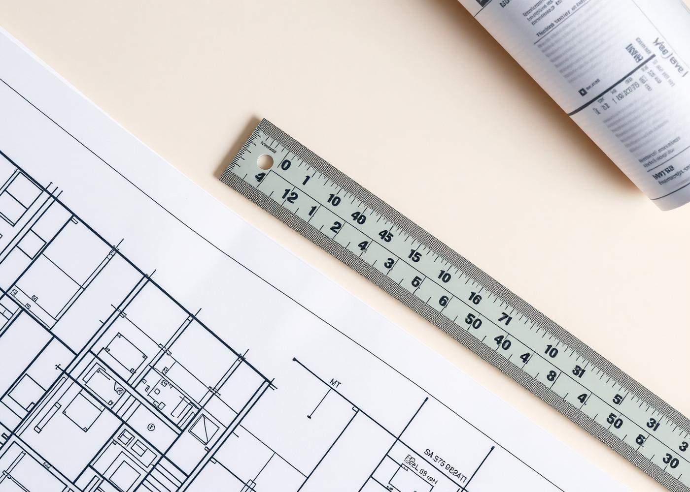 Plans techniques et réglet sur une table de travail