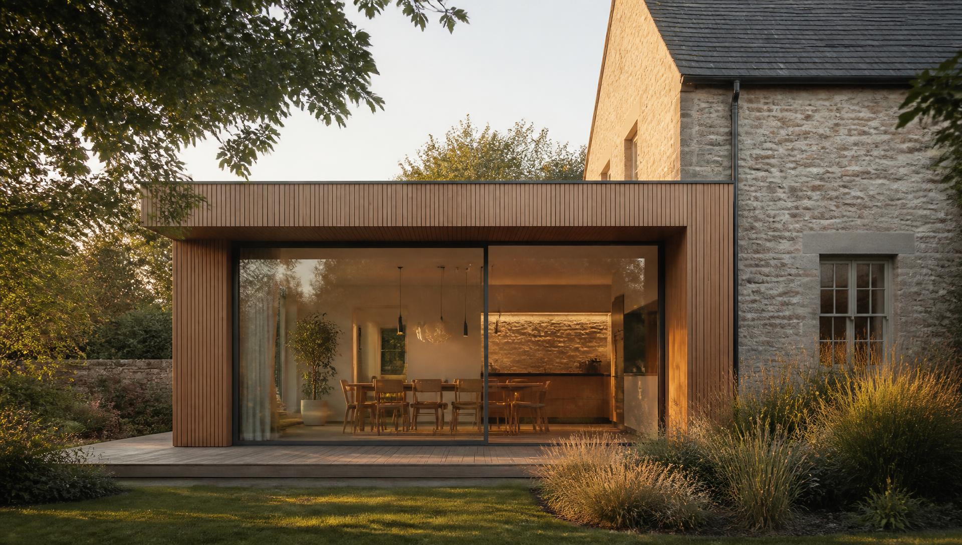 Extension contemporaine en bois et grande baie vitrée sur une maison en pierre
