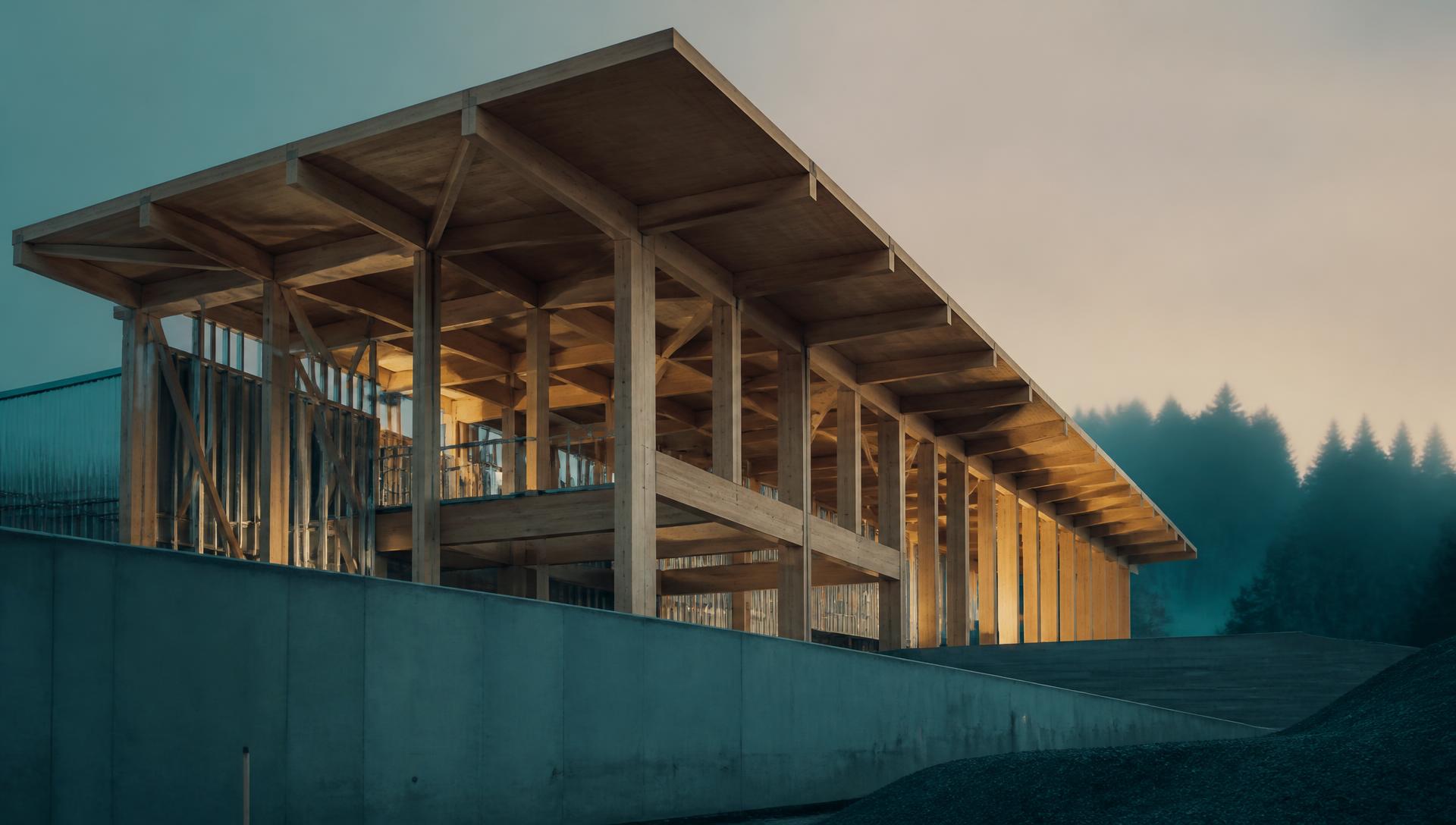 Ouvrage en ossature bois en cours de construction au crépuscule